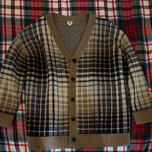 New! Arket Cardigan Tan and Black Plaid Jacquard Knit Wool Cardigan Size Small